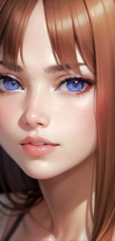 Anime girl with blue eyes and brown hair, detailed digital art wallpaper.