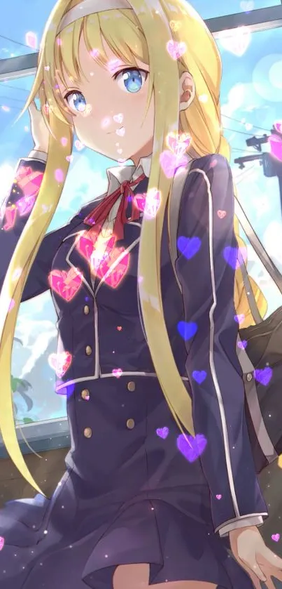 Anime girl with blue eyes and blonde hair surrounded by colorful hearts.