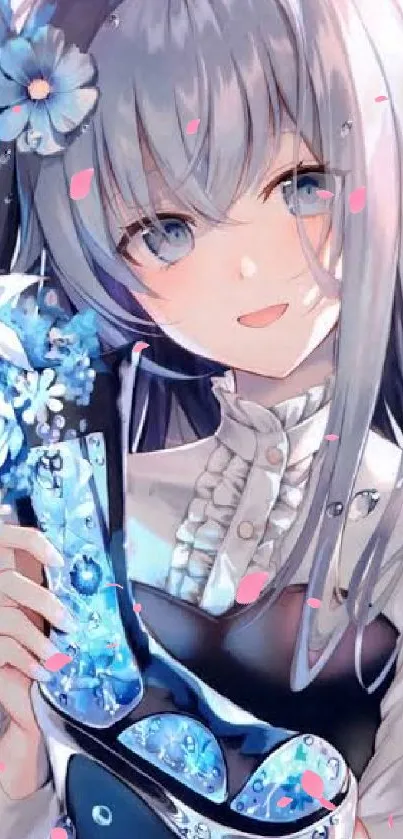 Anime girl holding blue flowers with a gentle smile, vibrant artwork.