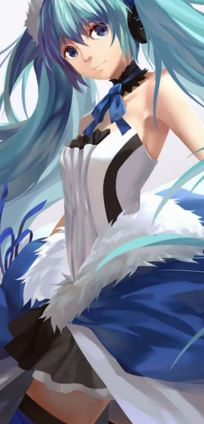 Anime girl with blue hair and dynamic outfit.