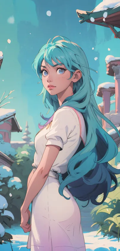 Anime girl with blue hair in snowy village scene.