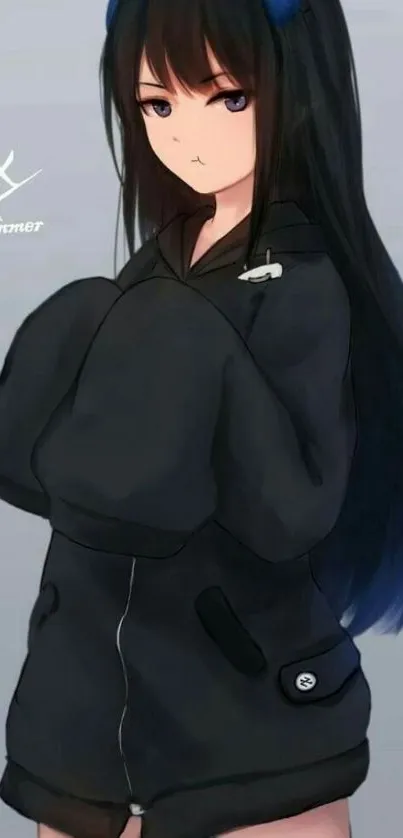 Anime girl with long black hair and blue horns on a gray background.