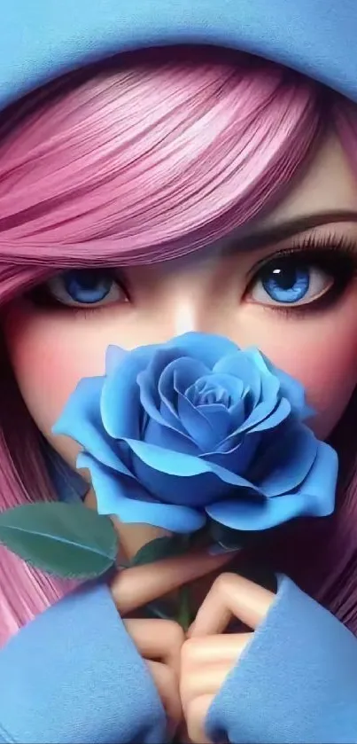 Anime girl with blue rose and pink hair mobile wallpaper.