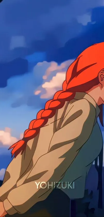 Anime girl with orange braided hair against a blue and cloudy sky.