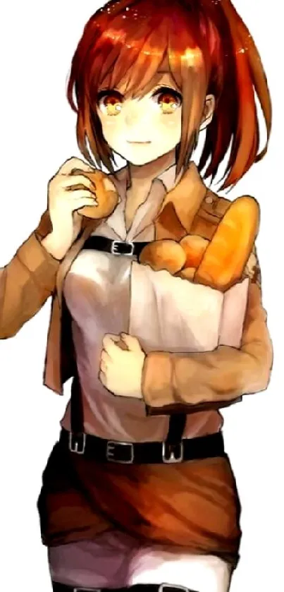 Anime girl holding bread in colorful art style.