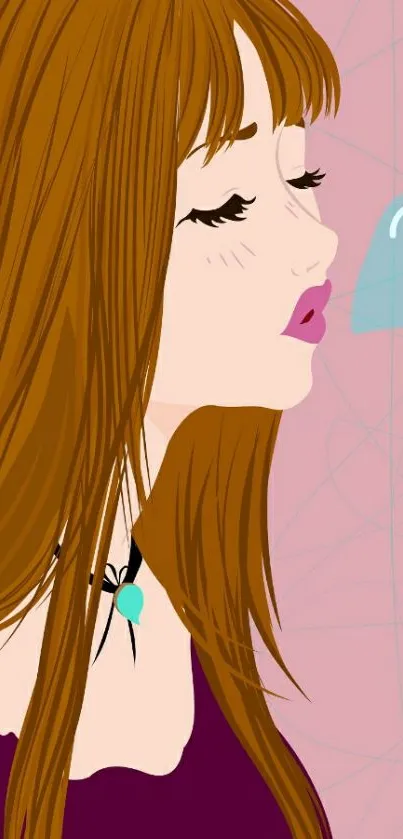 Anime girl with brown hair blowing bubble on light pink background.