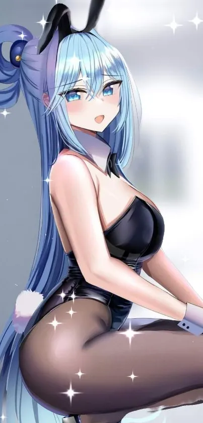 Anime girl with bunny ears and blue hair in a digital art style.