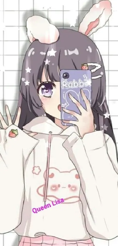 Anime girl with bunny ears and phone in cute outfit on white grid background.