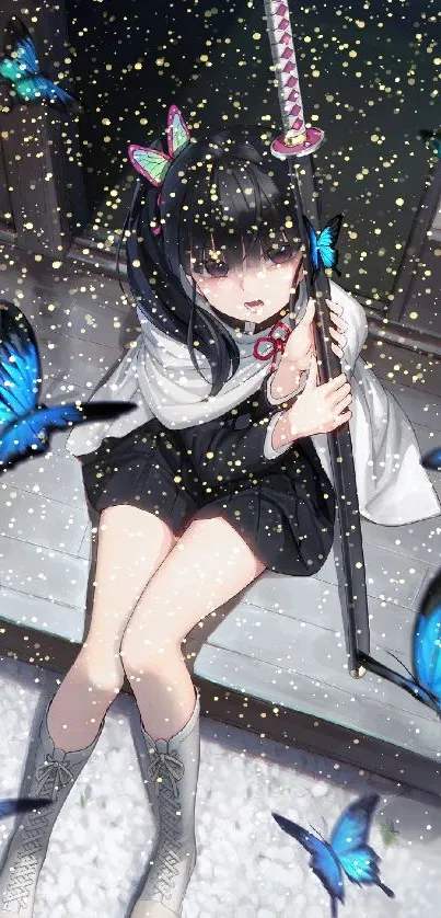 Anime girl with sword surrounded by blue butterflies.