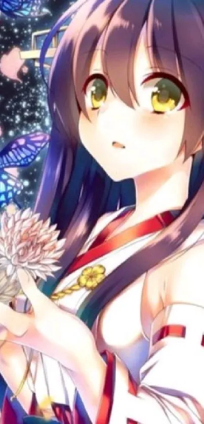 Anime girl with butterflies and flowers on mobile wallpaper.