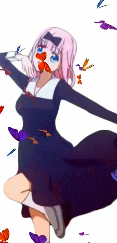 Anime girl with pink hair surrounded by butterflies on a white background.