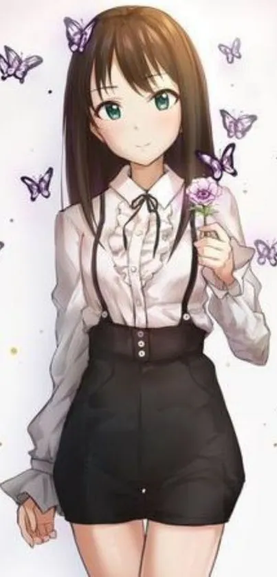 Anime girl with butterflies holding a flower, perfect for phone wallpaper.