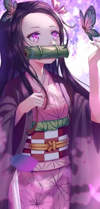 Anime girl in purple kimono with butterflies.