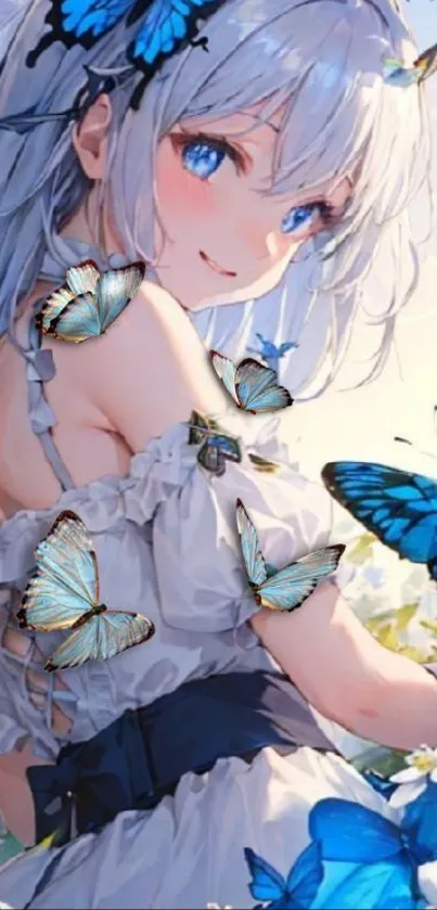 Anime girl surrounded by vibrant blue butterflies.