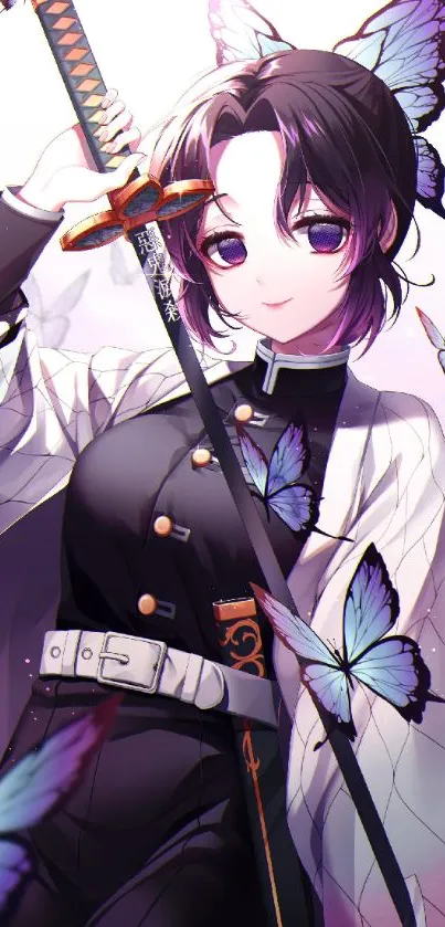 Anime girl with sword and butterflies, purple hues.