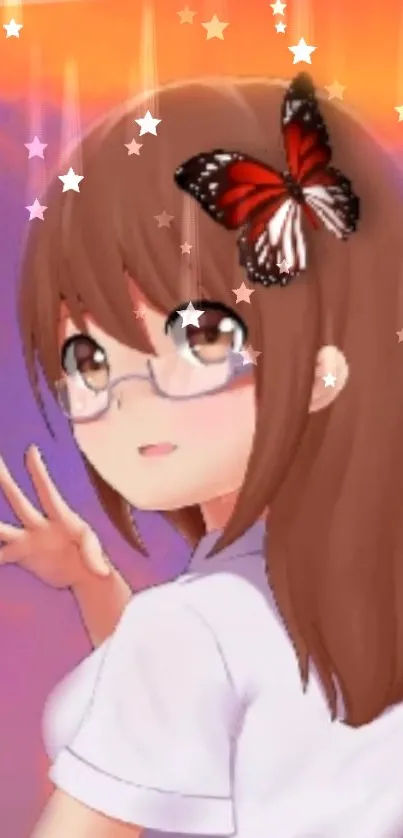 Anime girl with brown hair and glasses, featuring a butterfly in vibrant colors.