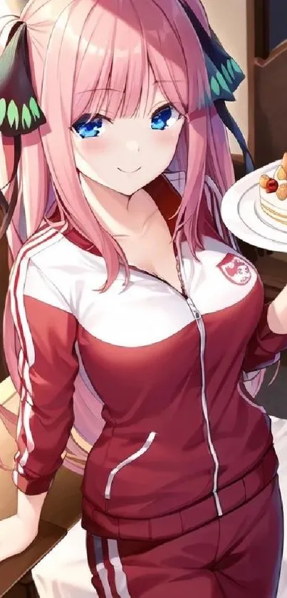 Anime girl in tracksuit with cake plate, vibrant art.