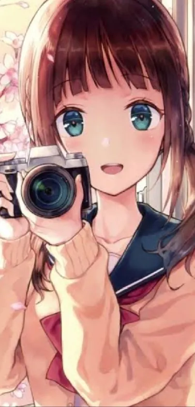 Anime girl holding a camera with cherry blossoms in the background.