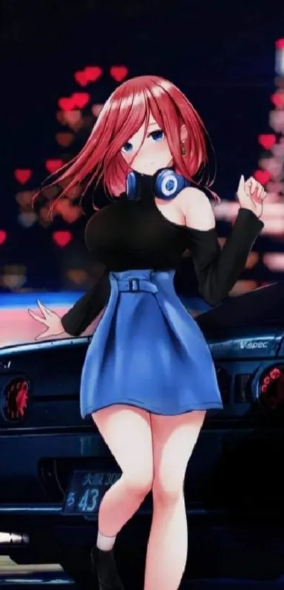 Anime girl with red hair, blue skirt, and headphones in front of a car at night.