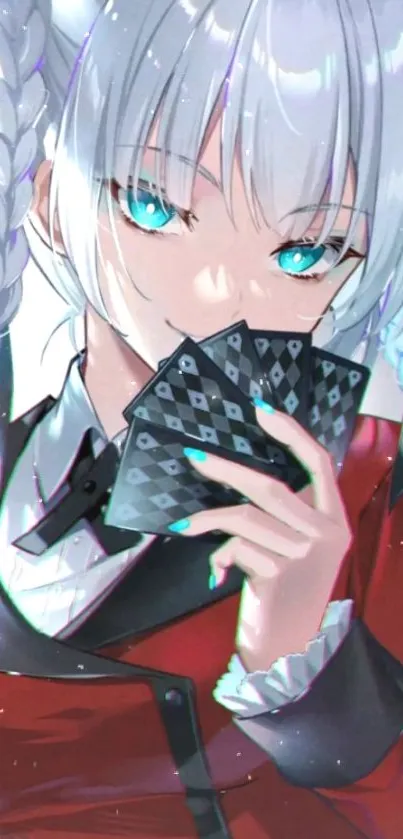 Anime girl holding cards with blue eyes and a red outfit.