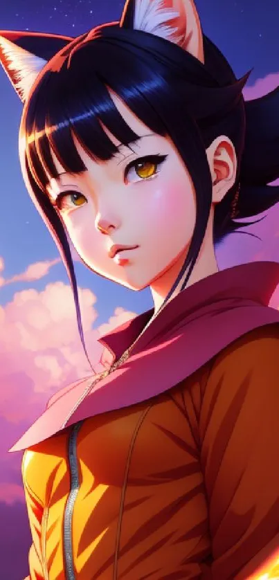 Anime girl with cat ears at twilight sky