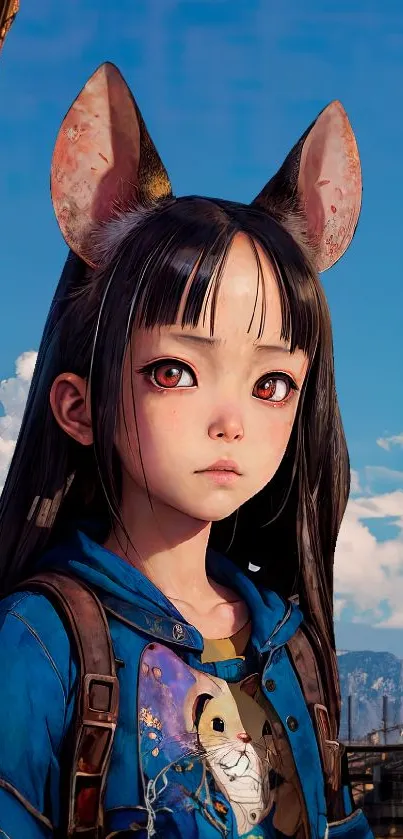 Anime girl with cat ears against a vibrant blue sky background, wearing a backpack.