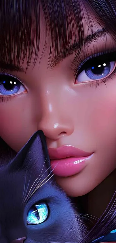 Anime girl with striking blue eyes and a cute cat.
