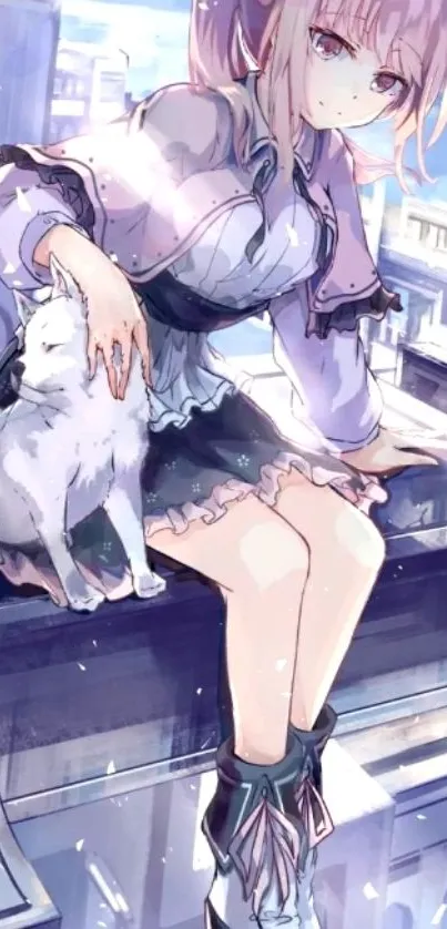 Anime girl with pink hair and a cat on a rooftop cityscape.