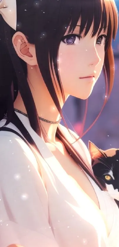 Anime girl with a cat in soft lighting.