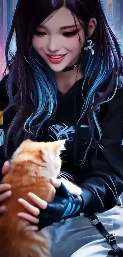 Anime girl with cat in colorful urban background.