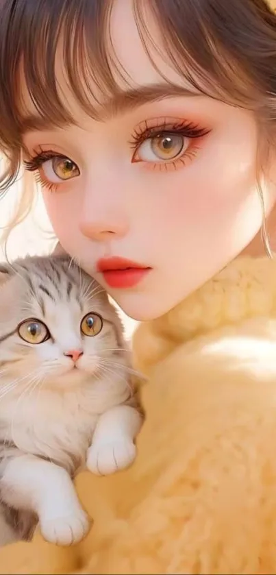 Anime girl holding a cute cat with soft yellow tones.