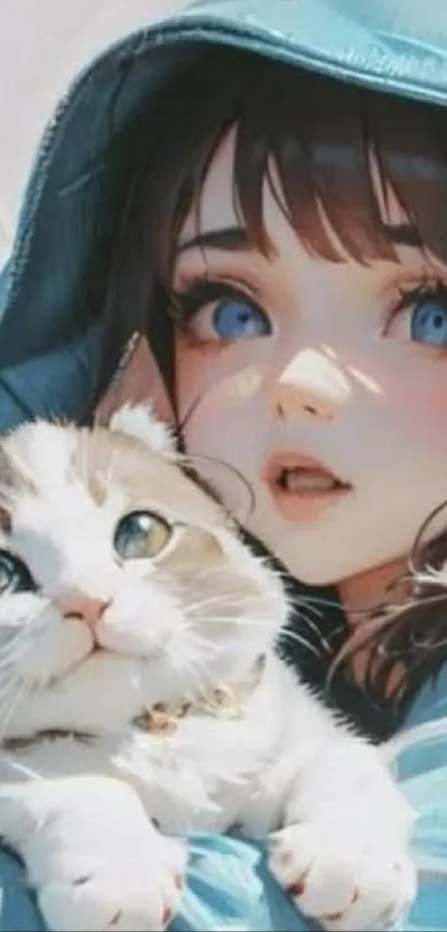 Anime girl in blue hoodie holding a cat.