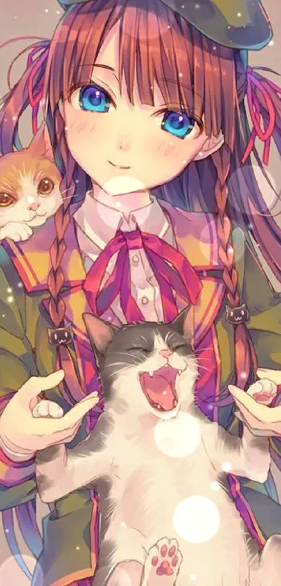 Anime girl holding cats, vibrant colors.