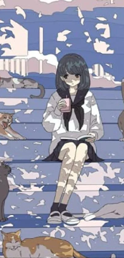 Anime girl sitting with cats on pastel blue stairs.