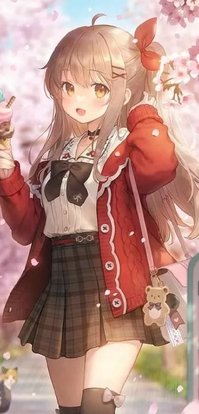 Anime girl in red cardigan, holding ice cream under cherry blossoms.