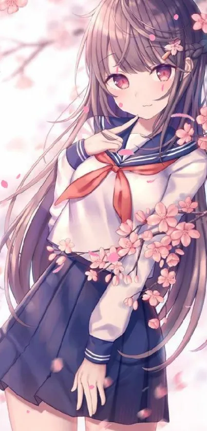 Anime girl surrounded by cherry blossoms in a serene setting.