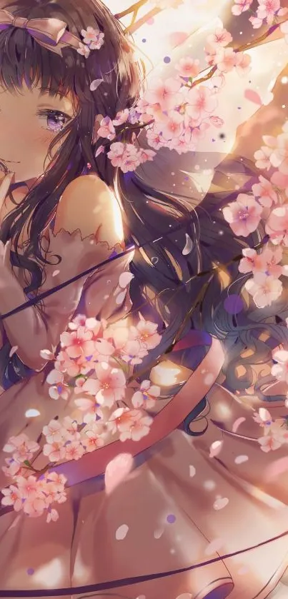 Anime girl surrounded by cherry blossoms in serene spring setting.