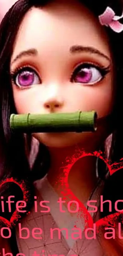 Anime girl with cherry blossoms and bamboo, serene pink theme.