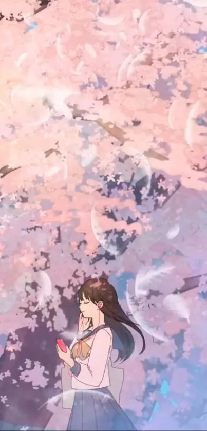 Anime girl under cherry blossoms in pastel colors.