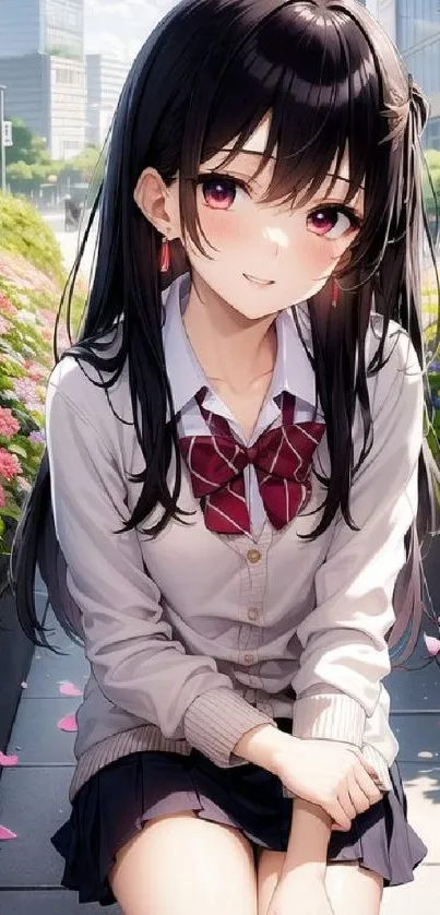 Anime girl in a cityscape with flowers.