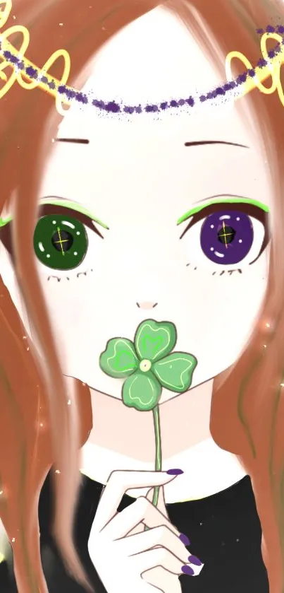 Anime girl holding a clover with colorful details.