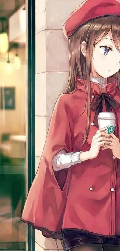 Anime girl in red coat holding coffee by cafe window.