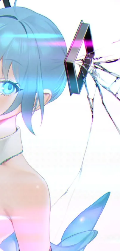 Anime girl with cyan hair and cracked glass effect.