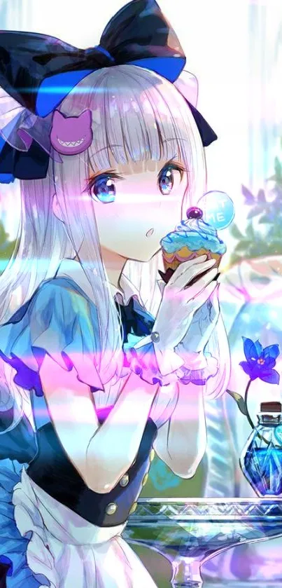 Anime girl holding a cupcake, vibrant colors, blue accents, fantasy setting.