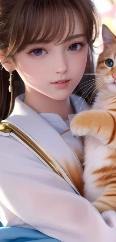 Anime girl holding a cute orange cat. Perfect for mobile wallpaper.