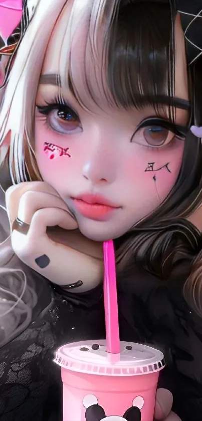 Anime girl with a cute pink drink, perfect for mobile wallpaper.