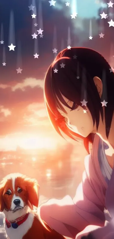 Anime girl with dog at sunset, stars overhead.