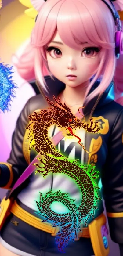 Anime girl with neon dragon in vibrant colors.