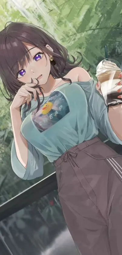 Anime girl in green setting with a drink.