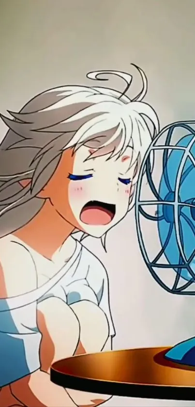 Anime girl enjoying a fan's breeze in a vibrant artwork.